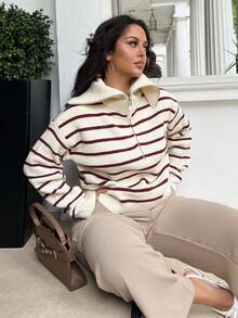 NegzBox 休闲条纹长袖半拉链套头衫秋季 - 酒紅色 - 查看 6