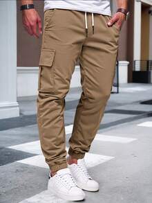 Manfinity Homme Men's Simple Front Drawstring Pocket Cargo Pants, Casual Daily Wear, Fall - Khaki - View 4