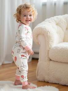 女婴荔枝印花长袖单排扣双面连体衣，舒适柔软 - 粉色 - 查看 6