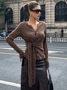 Livesso Autumn/Winter Loose Business Casual Fashion Asymmetric Side Tie V-Neck Textured Knit Elegant Women T-Shirt