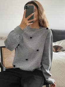 Livesso Damen Grau 3D Herz Muster Allover Muster Rundhals Strickpullover, modisch für Party, Neujahr, Weihnachten, Herbst/Winter - Grau - Übersicht 6