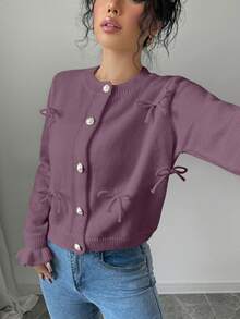 Elenzga Cárdigan casual de uso diario y para ir al trabajo, con decoración de lazo y botones, dunicolordo, para otoño/invierno - Morado - Ver 4