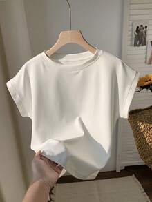 SHEIN 青少年女孩休闲纯色宽松圆领卷袖短款T恤 - 白色 - 查看 8