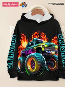 SHEIN 男童卫衣，卡车及数码印花图案，休闲时尚，适合秋冬季穿着 - 黑色 - 查看 6