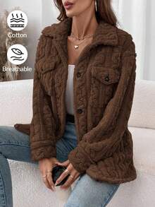 SHEIN LUNE 女式轻质珊瑚绒法兰绒常规夹克，秋冬 - 棕色 - 查看 1
