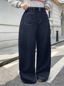 Rivivi Plus Size Women's Non-Stretch Jeans, Unique Design Casual Loose Straight Leg Jeans For Autumn, Versatile Cowboy Outfits For Women