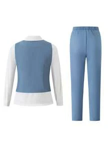 SHEIN Bộ vest nam mùa xuân/hè phong cách Hàn Quốc dáng ôm vừa vặn, gồm áo vest rộng bất đối xứng và quần ống đứng thường ngày, thích hợp cho đám cưới, tiệc tùng, tiếp khách, biểu diễn piano, tụ họp, sàn diễn thời trang, lễ rửa tội, công việc, sinh nhật, tốt nghiệp và nhiều dịp khác - Màu xanh bụi bặm - Xem 2