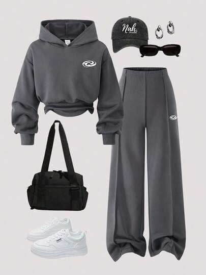 Girls Casual Knit Solid Color Front Graphic Letter Print Drop Shoulder Long Sleeve Drawstring Waist Hoodie Top & Pants 2 Piece Set