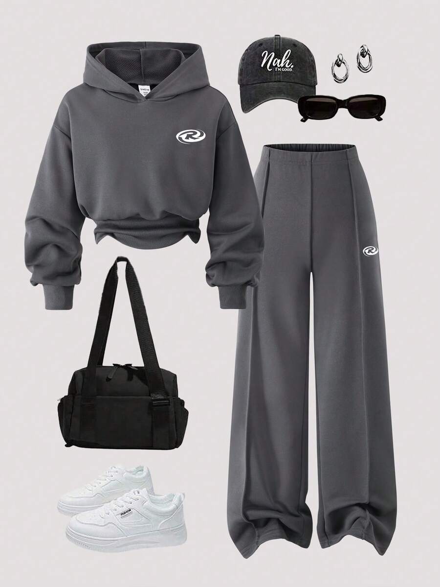 Girls Casual Knit Solid Color Front Graphic Letter Print Drop Shoulder Long Sleeve Drawstring Waist Hoodie Top & Pants 2 Piece Set - Grey - View 1