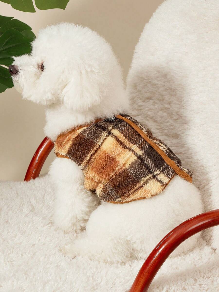 PETSIN 1 Stück Haustier Katze Hund Universal Mode Khaki Klassisch Retro Kariertes Muster Beidseitig Elastisch Plüsch Bequem und Warm Offener Knopf Hund Ärmellos Jacke - Verschiedenfarbig - Übersicht 1