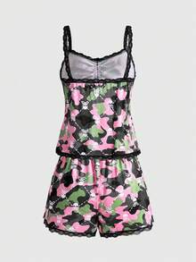 ROMWE Gothic Camouflage Skeleton Lace Button Suspender Shorts Casual Pajama Set - Multicolor - View 2