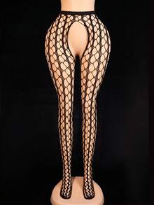 Spicy Hot Black Hollow Suspender Fishnet Stockings, Unique Large Mesh Open Crotch Design, Suitable For Romantic Private Occasions - Black - View 1