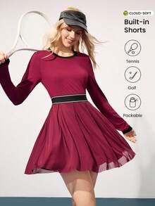 CourtClass Váy tennis xếp ly eo màu tương phản dành cho nữ, Xuân/Thu - Màu Đỏ Sâu - Xem 1
