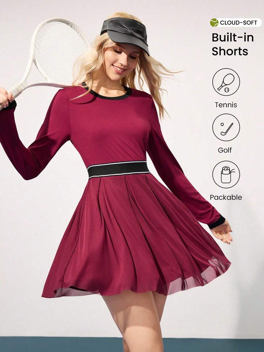 CourtClass Váy tennis xếp ly eo màu tương phản dành cho nữ, Xuân/Thu - Màu Đỏ Sâu - Xem 1