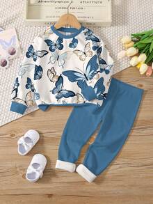 SHEIN Leap Crew Tween Girl Casual Fashionable Classic Butterfly Print "I Am The Butterfly Princess" Long Sleeve Sweatshirt And Leggings 2 Pieces Set, Suitable For Autumn/Winter - Multicolor - View 2