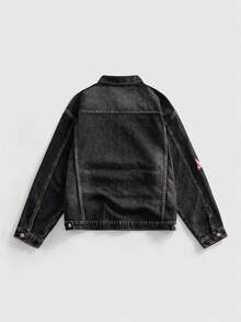 ROMWE MEN Street Life Men's Black Washed Denim Long Sleeve Jacket With Unique Butterfly Embroidery Craftsmanship - Black - View 2