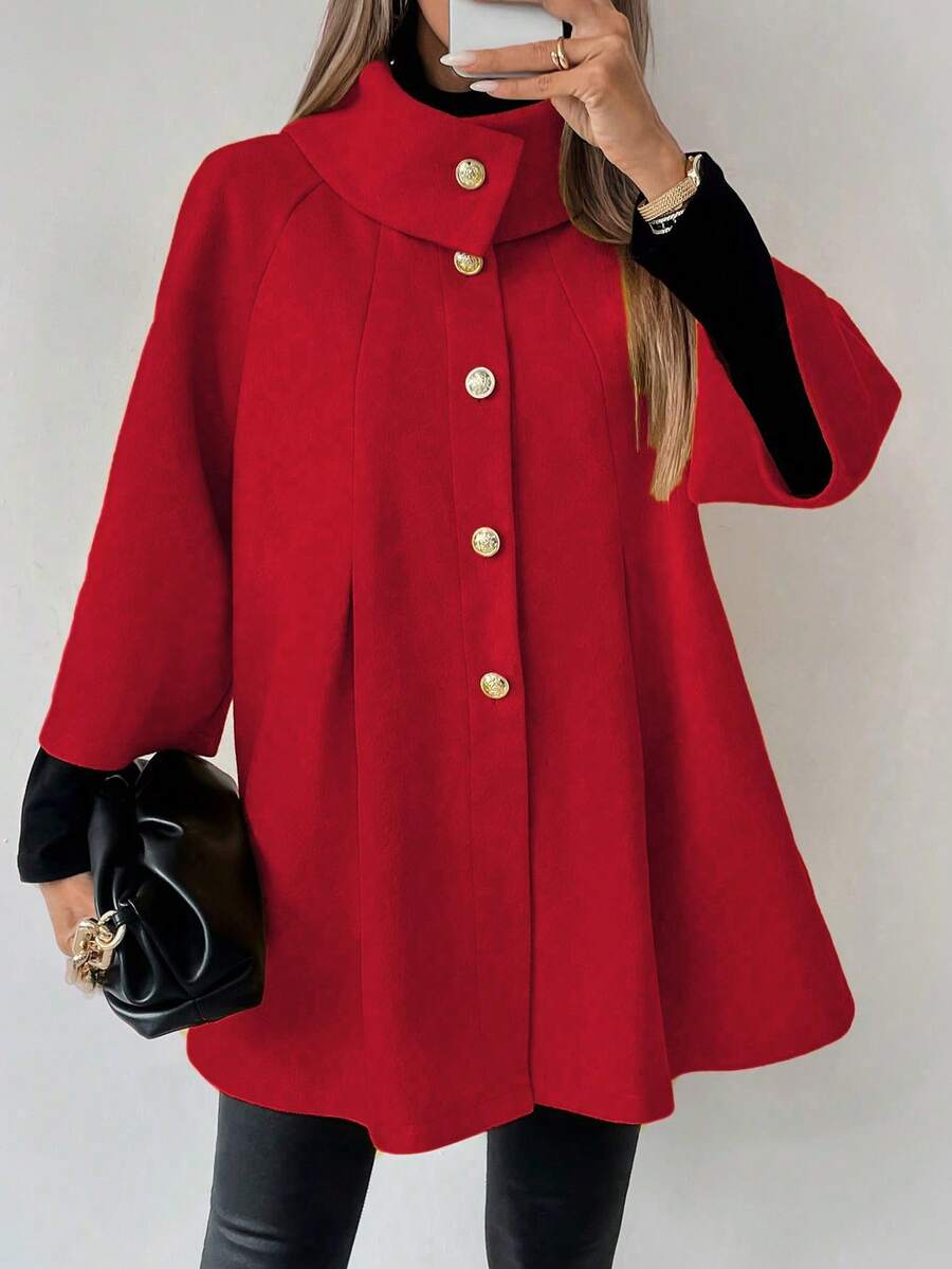 EMERY ROSE Áo khoác nữ tay raglan cổ cao cài nút đơn giản, màu trơn, mặc đi làm và đi chơi, thời trang thu đông - Đỏ - Xem 1