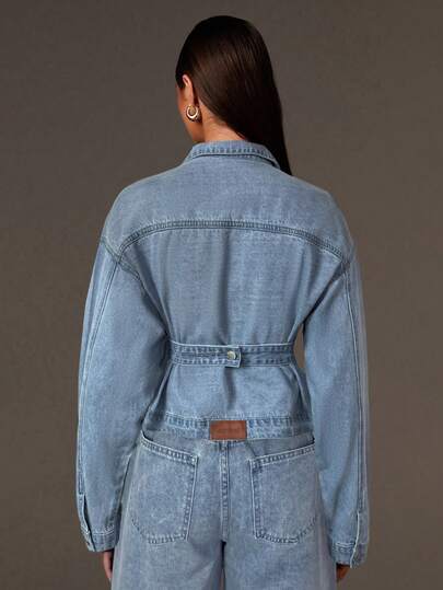 Athîral Women's Rawn Denim Cinched Denim Jacket Casual Denim Jacket With Single-Breasted Button, Long Sleeve, Drop Shoulder, Autumn