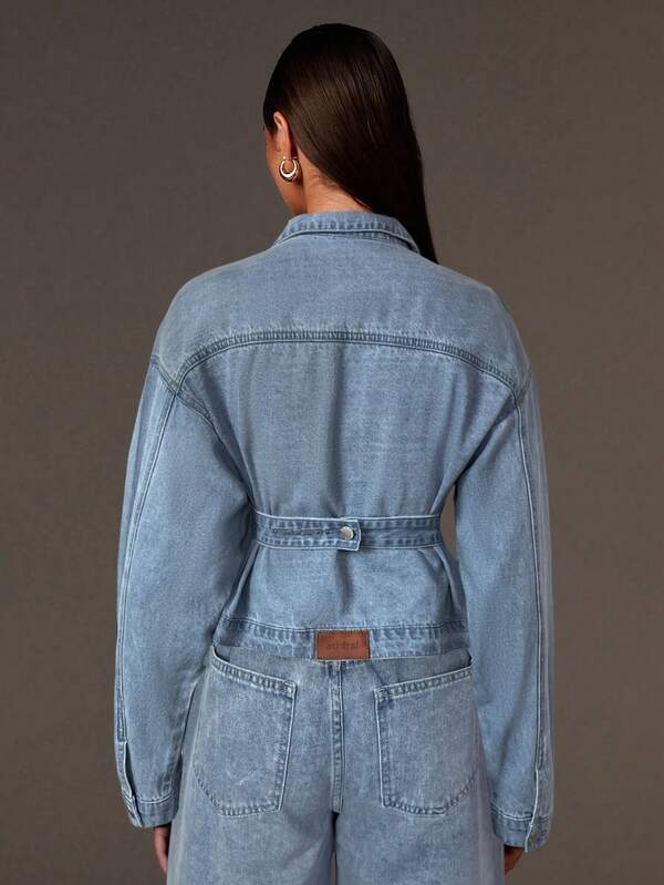 Athîral Chaqueta de mezclilla con cintura ceñida para mujer, chaqueta de mezclilla casual con botón de una sola hilera, manga larga, hombro caído, otoño