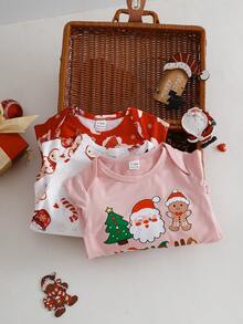 SHEIN 3pcs/Set Baby Girls' Basic Envelope Collar Cute Christmas Pattern Full Print Front Graphic Long Sleeve Bodysuits, Autumn/Winter - Multicolor - View 3