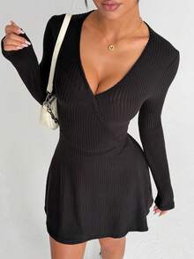 Gameset SHEIN Sport Women's Elegant Long Sleeve V-Neck Ribbed Dress Romper,Black,Autumn,Basic,Elegant,Sexy,Night Party,Asymmetric Hem Side Pockets Tennis Wrap Dress - Black - View 4