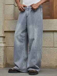 AXEPEAK Men's Washed Loose Casual Bleached Unique Style Pants - Blue - View 3