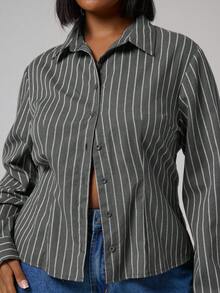 MUSERA 大码条纹收腰亚麻长袖衬衫，商务休闲节日派对春夏装 - 灰色 - 查看 2