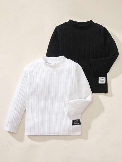 SHEIN Genkimix Kids 2 件套男童幼儿圆领长袖 T 恤，纹理面料，舒适柔软，适合上学、休闲装、度假