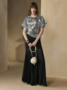 Arave Women's Sequined Fabric H-Line Loose Fit, Hollowed-Out Shimmering Sequined Off-Shoulder Design, Modern Party Top    Party Tops - Silver - View 2