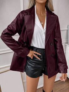 EMERY ROSE Women's Fashion Casual Solid Color Double-Breasted Trench Coat - Burgundy - View 5