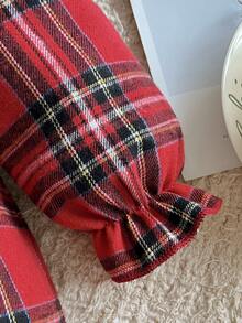 SHEIN 女婴休闲格子蝴蝶结装饰连体裤，秋季 - 酒紅色 - 查看 4