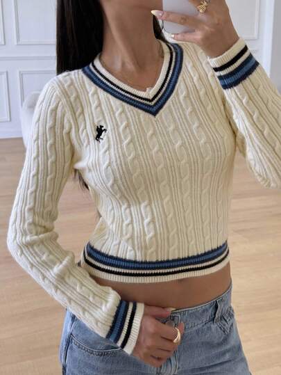 Teen Girls' Casual Everyday Cable Knitted Embroidered Striped Trim Sweater,In Fall/Winter