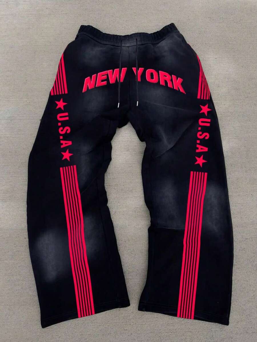 Manfinity Dauomo Men's Pants,Black And Red,Autumn,Streetwear,Work,Independence Day,English Letter & Star Pattern Design,Fashion Skateboard Style Classic Black Trousers - Multicolor - View 1