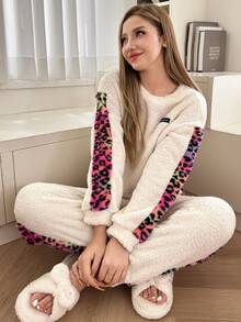 Conjunto de pijama casual de lã com estampa de leopardo, manga comprida e calça, macio e aconchegante para o inverno. - Multicolorido - Ver 6