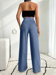 EURMUSE Pantalón palazzo de pierna ancha blanco con detalle de botones - Neblina azul - Ver 5