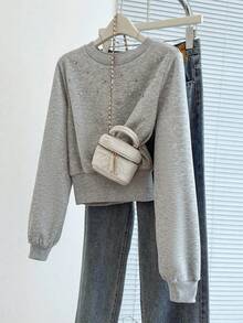 Franclia Ribbed Rhinestone Embellished Loose Cropped Women Sweatshirt