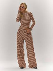 MUSERA Low Rise Striped Wide Leg Trousers Fall Autumn Cosy Cute Casual Coffee Club  Party Summer - Brown - View 5