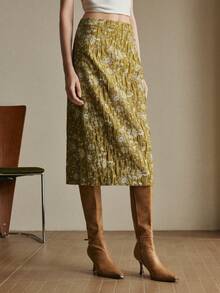 Arave 女士纹理提花 H 型褶皱浪漫印花 A 字裙，适合日常通勤 - 綠色 - 查看 7