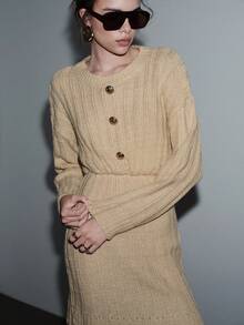 SHEIN Luminelle Women's Fashionable & Elegant Cable Knit Twist Rope Sweater Dress - Apricot - View 3