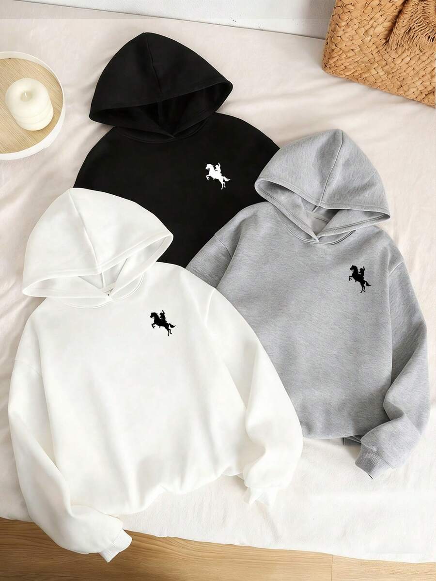 SHEIN Explorewe 少女三件套舒适秋冬休闲时尚创意个性清新高端战马士兵图案印花卫衣 - 彩色 - 查看 1