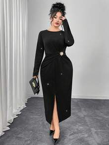 Modelyn Elegant Black Long Sleeve Dress, Waist Ruffle Floral Decor Slit Fitted Mid-Calf Dress/Gown/Evening Wear/Formal Dress - Black - View 1