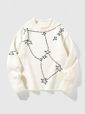 Street Life Men's Casual Fashion Street Star Embroidery Drop Shoulder Loose Knit Sweater, Autumn/Winter