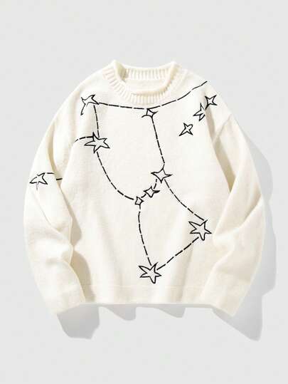 Street Life Herren Lässig Mode Street Stern Stickerei Drop-Shoulder Lose Strickpullover, Herbst/Winter