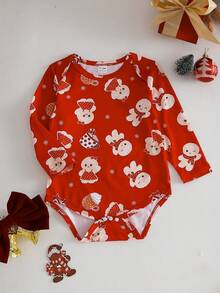 SHEIN 3pcs/Set Baby Girls' Basic Envelope Collar Cute Christmas Pattern Full Print Front Graphic Long Sleeve Bodysuits, Autumn/Winter - Multicolor - View 6