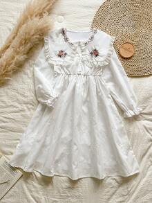 SHEIN Vintaside Kids 女童优雅白色长袖连衣裙，花卉刺绣领口，合身廓形展现甜美优雅，适合外出、休闲穿着和派对 - 白色 - 查看 8