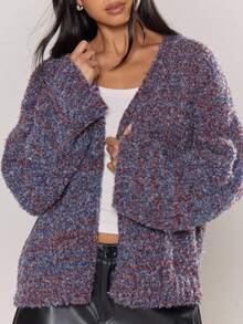 MUSERA Áo len cardigan tay loe dáng rộng, phong cách mùa xuân Y2K 90s, dễ thương, ngọt ngào, thích hợp cho sân bay, đi học, mùa đông và mặc hàng ngày. - Màu xanh hải quân - Xem 5