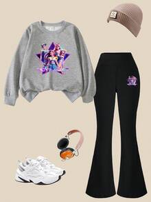 SHEIN Explorewe 少女休闲舒适时尚多功能创意韩流卡通女孩图案卫衣和黑色喇叭裤套装，时尚街头风图案套头卫衣和喇叭裤，适合秋冬季Y2K风格服装，妈妈女孩两件套 - 彩色 - 查看 3