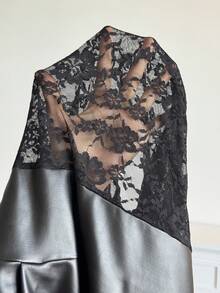 Vibekara Party Fall Autumn And Winter Christmas Plus Size Sexy PU Leather A-Line Lace Patchwork Dress - Black - View 7