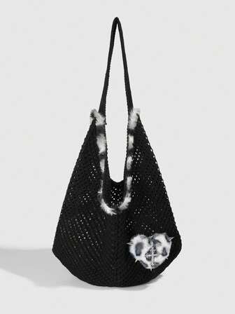 Fairycore 1 pezzo Borsa a tracolla singola con decorazione a cuore con rivetti, stampa leopardata bianca e nera, dolce e cool, borsa lavorata a maglia da donna per l'autunno e l'inverno, adatta per l'uso quotidiano e i viaggi