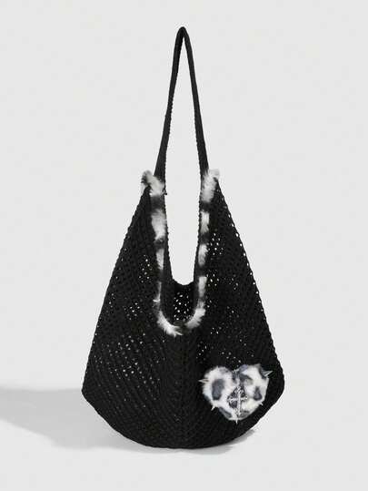 Fairycore 1pc Sweet And Cool Black And White Leopard Print Punk Rivet Heart Decoration Single Shoulder Bag, A Collegiate Autumn And Winter Women's Knitted Bag, Daily Travel Match